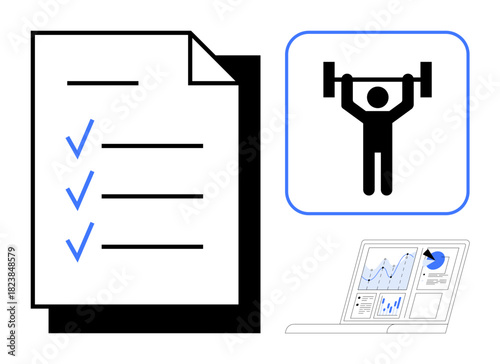 Checklist with blue checkmarks, weightlifting figure, and analytics dashboard combining productivity, fitness, and data tracking. Ideal for planning, goal-setting, motivation, discipline progress