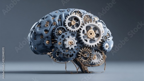 A stylized brain crafted with interconnected gears, suggesting mechanical workings of thought. Gray and gold tones