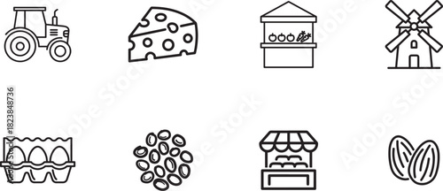 Set of agriculture, farming, and food production line icons