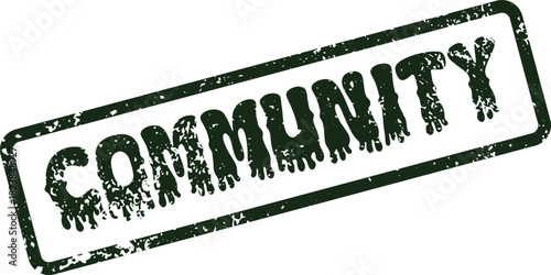 Rustic green rubber stamp featuring the important word COMMUNITY with a unique dripping effect
