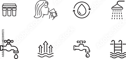 Collection of water usage and purification line icons, isolated on