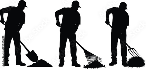 Yard work silhouette set, shovel, rake, pitchfork, gardening tools, landscaping posture, black on white, outdoor labor icon, garden activity