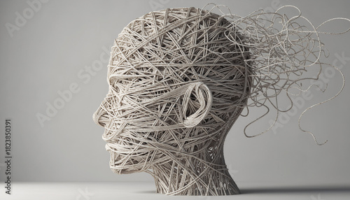 Head silhouette made of tangled threads, representing mental health issues and confusion.