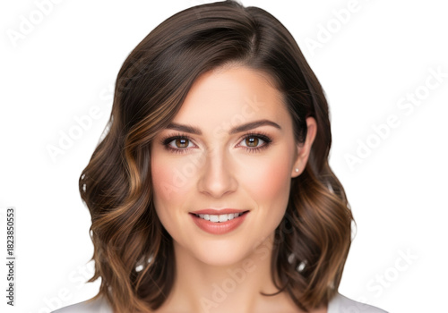 A professional headshot of a woman with long wavy hair and a smile, bangs, beautiful, brown, brunette, cosmetic, dress, eye, face, hair, portrait, shirt, smile, white, woman 