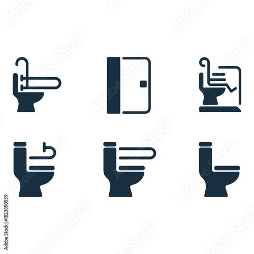 Accessible bathroom fixture icons including toilets and doors