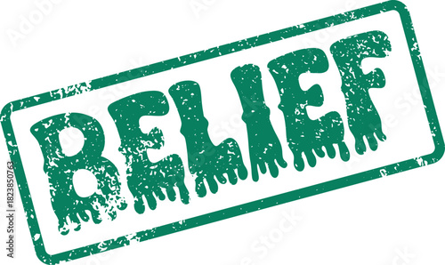 A Distressed Green Rubber Stamp Displaying the Powerful Word Belief on a Bright Clean Surface