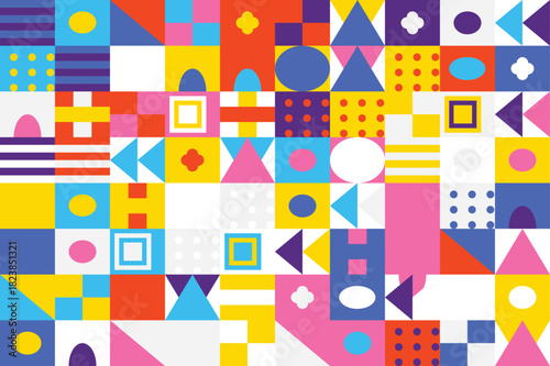 Dynamic abstract geometric concept with diverse shapes and a lively colorful arrangement creating a captivating visual texture