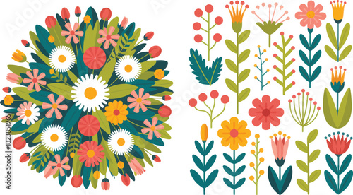 Floral arrangement with daisy, leaves, and colorful flowers isolated on