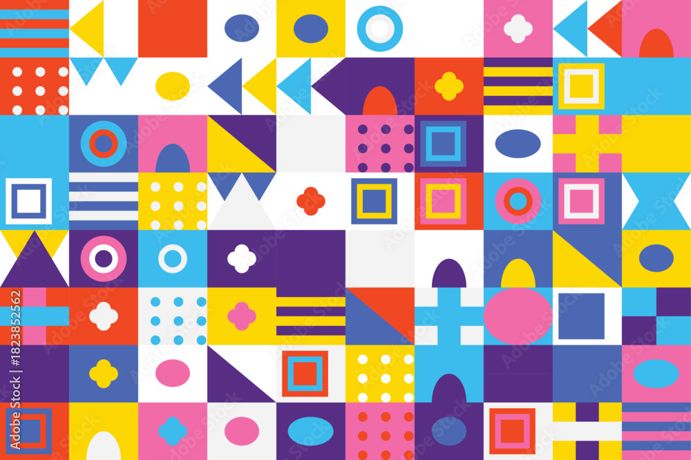 Fototapeta premium Vibrant abstract geometric pattern background with diverse shapes and bold colors, creating a playful and modern design concept