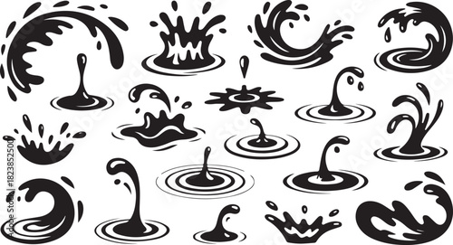 Water Splash and Wave Icon Set Featuring Dynamic Splash Droplets, Ripple Effects, Ocean Wave Silhouettes, and Fluid Motion Elements in Black Vector Style
