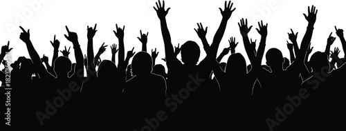 Excited crowd silhouette with hands raised, cheering and making rock-on sign, concert, rally, and celebration vector
