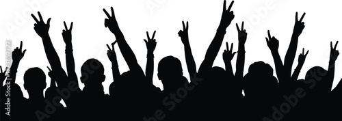 Silhouette crowd raising hands in peace and victory signs, excited audience at concert or political rally vector illustration