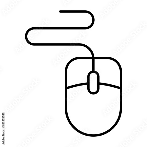 Mouse manipulator with wire thin line icon, cyber monday concept. Vector graphics. Computer mouse for office use, technology sign on white background, style icon mobile or web design.