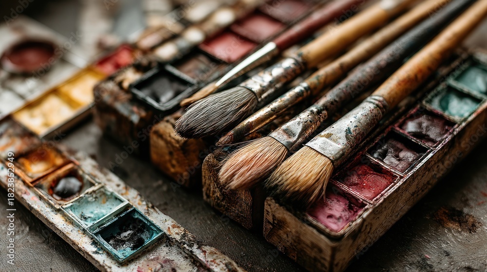Obraz premium Artistic Watercolor Paint Brushes and Palette, Creative Tools for Painting.
