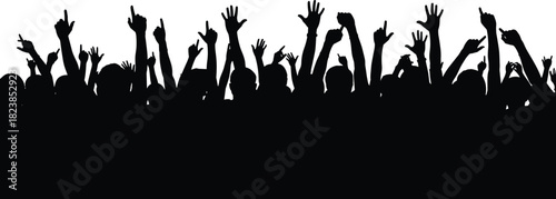 Cheering crowd silhouette with hands raised and pointing up, concert, rally, or excited mass celebration vector illustration