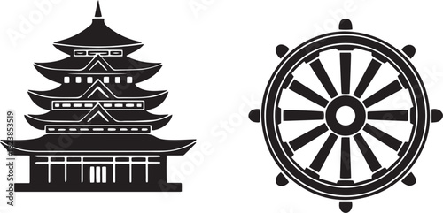 Pagoda Temple & Ship Wheel Silhouette Icon Set