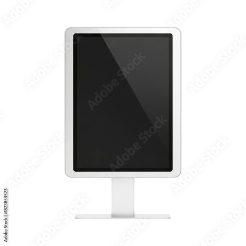 Realistic white digital signage kiosk with a blank black screen for advertising mockup. Interactive information totem isolated on a white background