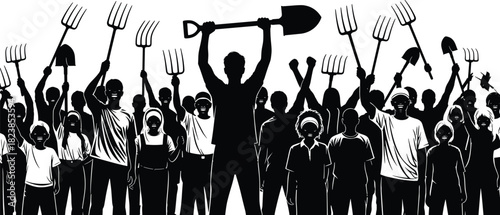Angry crowd silhouette holding pitchforks and shovels, protesting farmers or angry mob vector illustration, hands raised