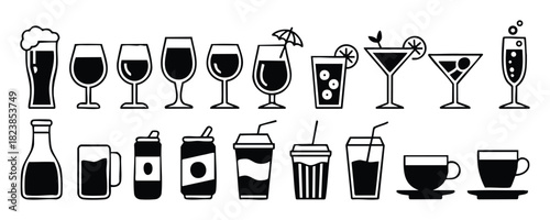 Black and White Line Art Icon Set of Drinks and Beverages, vector, illustration.