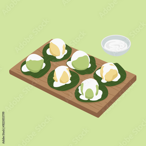An isometric vector illustration of Khanom Phra Phai, a traditional Thai dessert made from glutinous rice flour with sweet mung bean filling, topped with coconut cream.