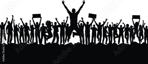 Cheering crowd silhouette jumping with peace sign, holding protest signs, mass rally, celebration, and victory vector