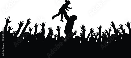 Father holding child above cheering crowd silhouette, parental love, celebration, joy, and family bond vector illustration
