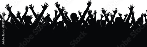 Silhouette crowd with hands raised in excitement, large group cheering at concert, rally, or celebration event vector illustration
