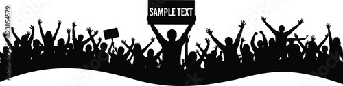Cheering crowd silhouette holding protest signs, hands raised in celebration or political rally, mass demonstration vector illustration