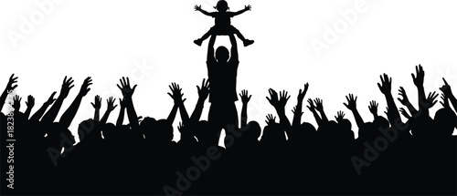 Parent holding baby/toddler above diverse cheering crowd in black silhouette against white background, celebration, family support.