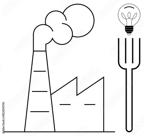 Smoke-emitting factory alongside a fork gripping a lightbulb symbolizing environmental impact, innovation, and industrial sustainability. Ideal for manufacturing, environment, energy, innovation