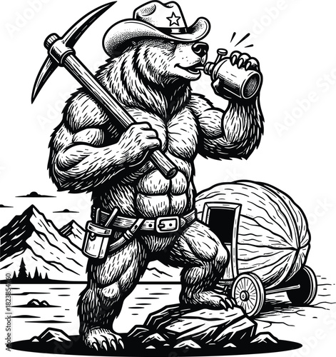 Muscular Cowboy Bear Prospector Drinking with Pickaxe and Cart Line Art