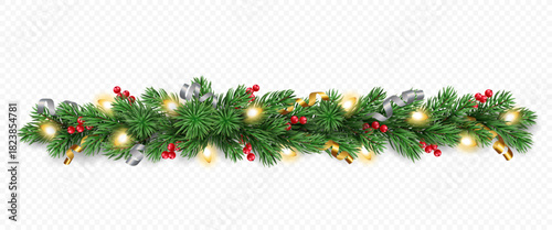 Vector pine tree garland, golden and silver ribbons, berries and lights isolated on a transparent background. Holiday Christmas tree border for winter decoration banner, poster, greeting card.