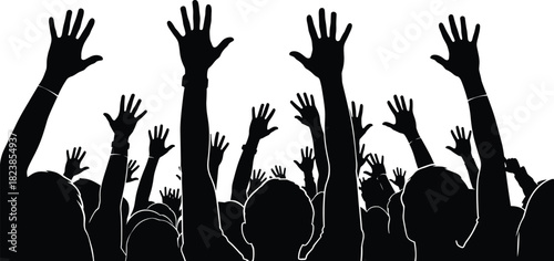 Cheering crowd silhouette with many hands raised, excited audience at concert, rally, or celebration vector illustration