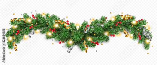 Vector pine tree garland, golden and silver ribbons, berries and lights isolated on a transparent background. Holiday Christmas tree border for winter decoration banner, poster, greeting card.