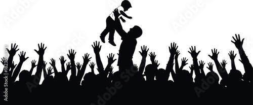 Father holding child above diverse crowd in black silhouette against white background, celebrating life and victory, family support.