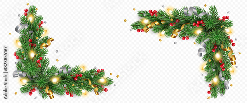 Vector pine tree garland, golden and silver ribbons, berries and lights isolated on a transparent background. Holiday Christmas tree border for winter decoration banner, poster, greeting card.