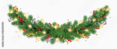 Vector pine tree garland, golden and silver ribbons, berries and lights isolated on a transparent background. Holiday Christmas tree border for winter decoration banner, poster, greeting card.