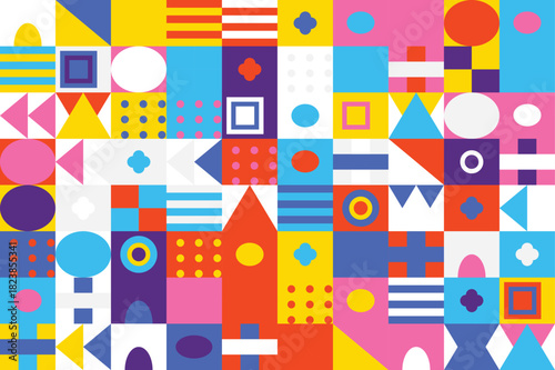 Colorful abstract geometric pattern illustration featuring various shapes and designs