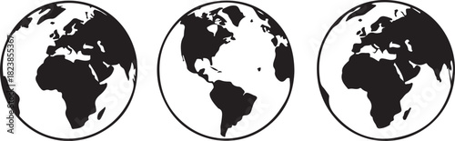 World Globe Silhouette Set Featuring Earth Continents, Global Map Views, and International Geography Icons in Black Vector Style
