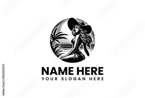 Vector logo illustration of a woman in a hat with palm trees and ocean waves, ideal for beach-themed brands and summer lifestyle businesses