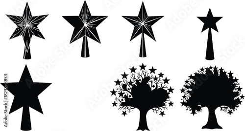 Collection of star tree toppers and starry trees in silhouette