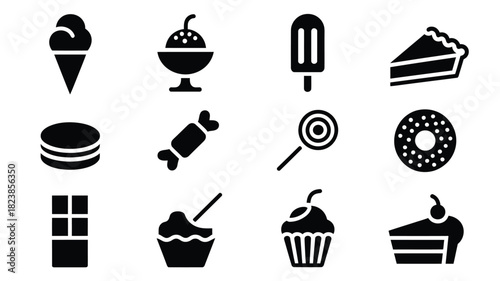 Set of dessert icons black glyph vector design perfect for menu design app interface and sweet treat promotions