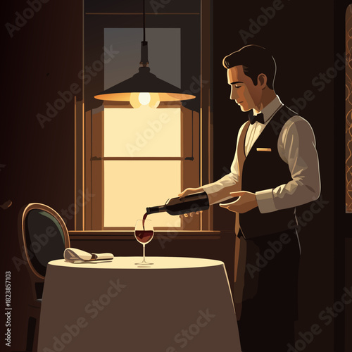 Elegant Waiter Pouring Wine in a Dimly Lit Restaurant.