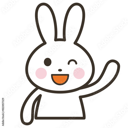 手を上げて挨拶するかわいいうさぎのキャラクターの上半身イラスト