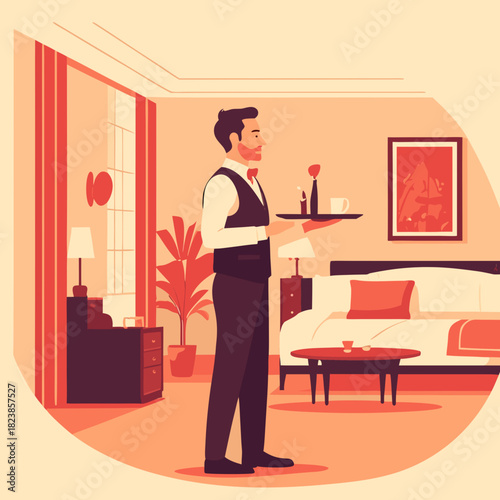 Hotel Room Service Waiter Delivering Tray in Elegant Suite.