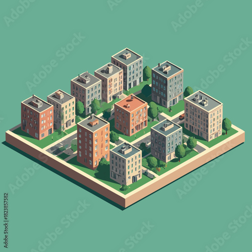 Isometric Cityscape Illustration with Buildings and Green Spaces.
