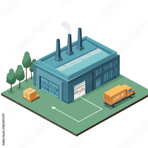 Isometric Factory Illustration Production Logistics and Environmental Impact.