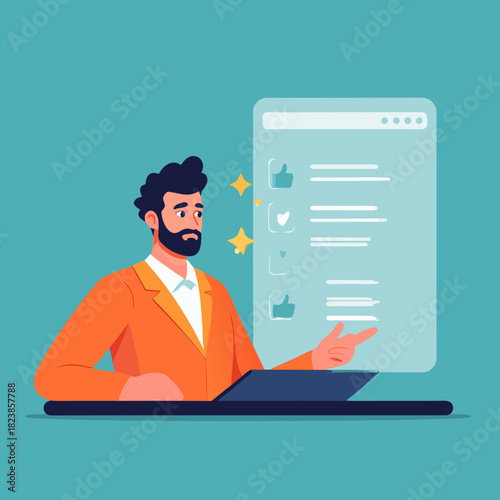 Man in Orange Suit Interacting with Digital Interface.