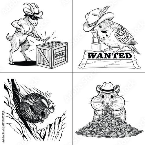 Cowboy Animals Set Goat Budgie Armadillo Hamster Wanted Line Art