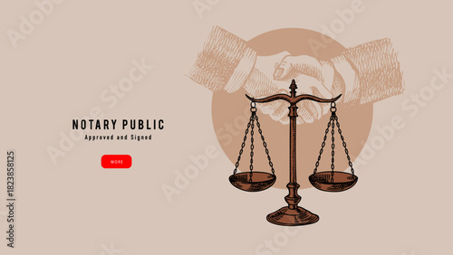Sketch notary background. Handshake, agreement, court, law, justice, rights, notary service, mediation center, arbitration concept. Vintage hand drawn vector illustration.